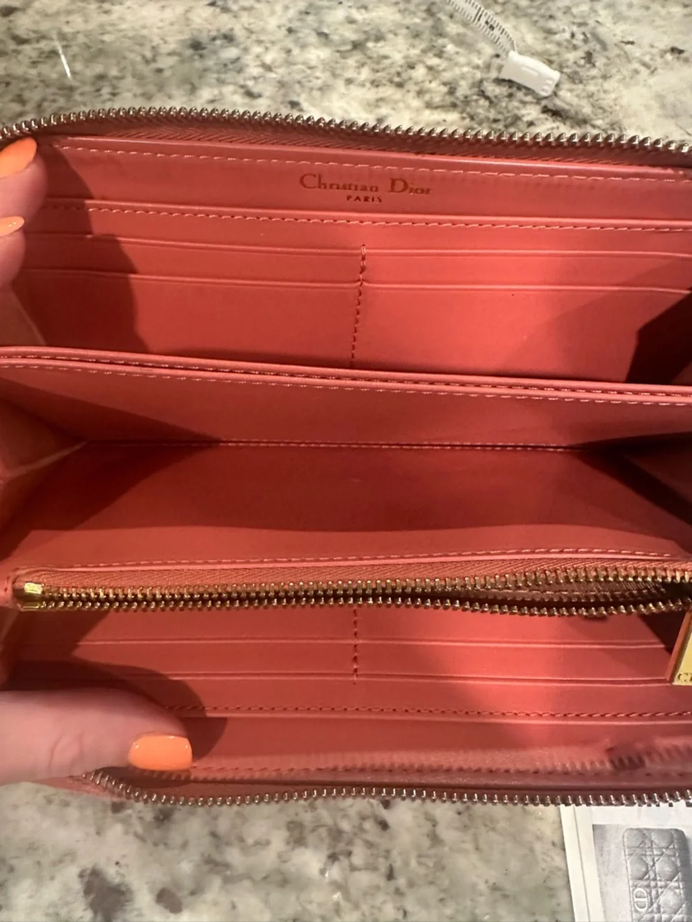 Dior Coral Quilted Pink Zip Wallet with Gold CD Emblem